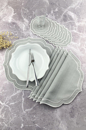 Gray Color White Double Wrap Embroidered 12 Piece Set Placemat And Cocktail Napkin - Swordslife