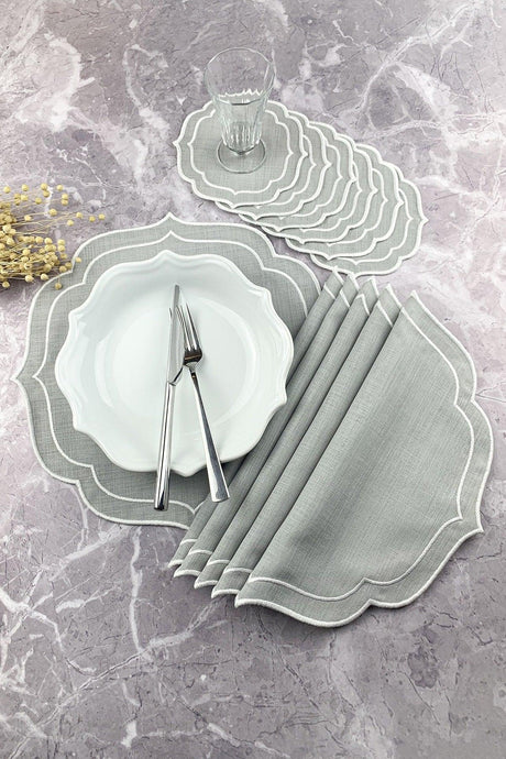 Gray Color White Double Wrap Embroidered 12 Piece Set Placemat And Cocktail Napkin - Swordslife
