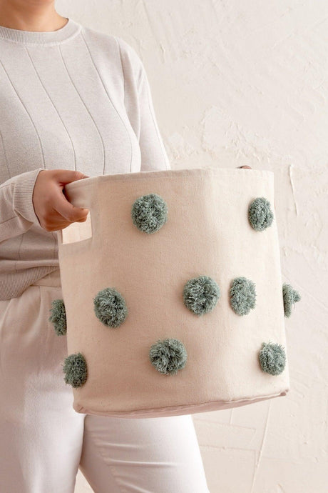 Green Pompom Cotton Basket Large 34x32 Cm - Swordslife