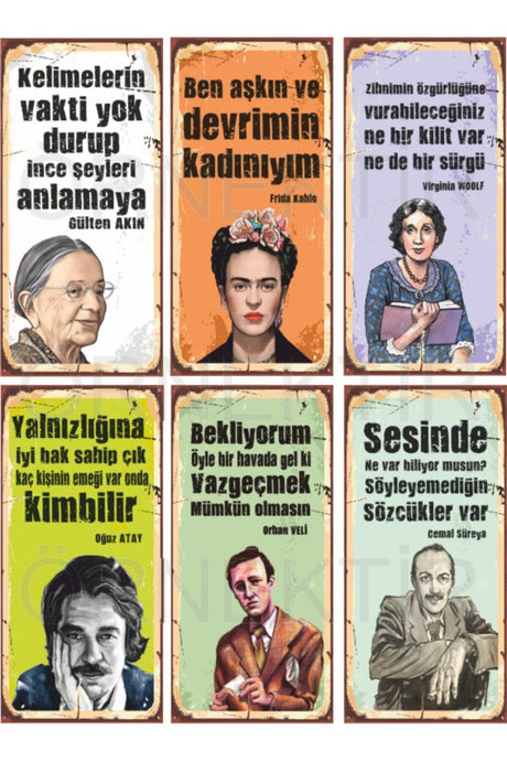 Gulten Akin, Virginia. Woolf, Oğuz Atay, Orhan Veli, Cemal Süreya 6 Mini Wooden Poster Set - Swordslife