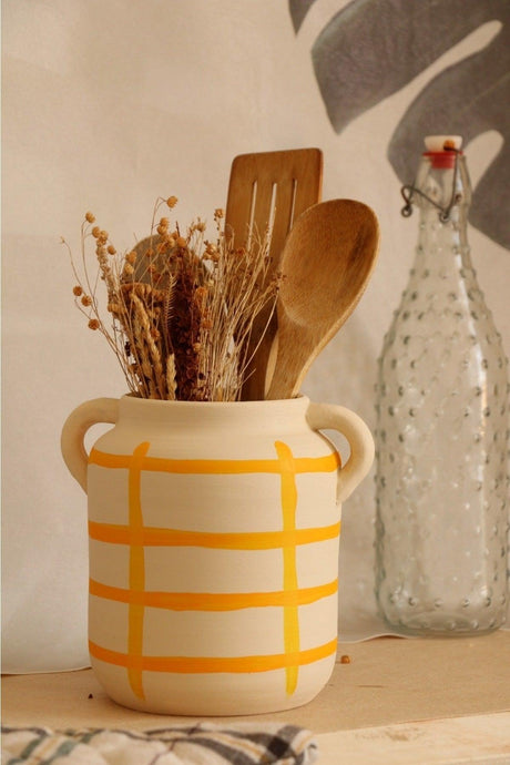 Handmade Yellow Striped Ceramic Vase with Handle / Cutlery - Swordslife