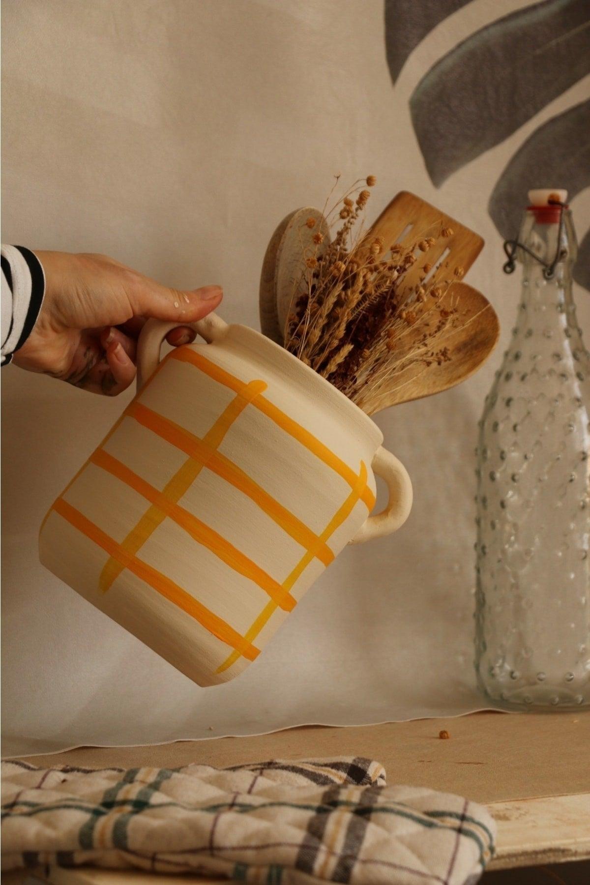 Handmade Yellow Striped Ceramic Vase with Handle / Cutlery - Swordslife