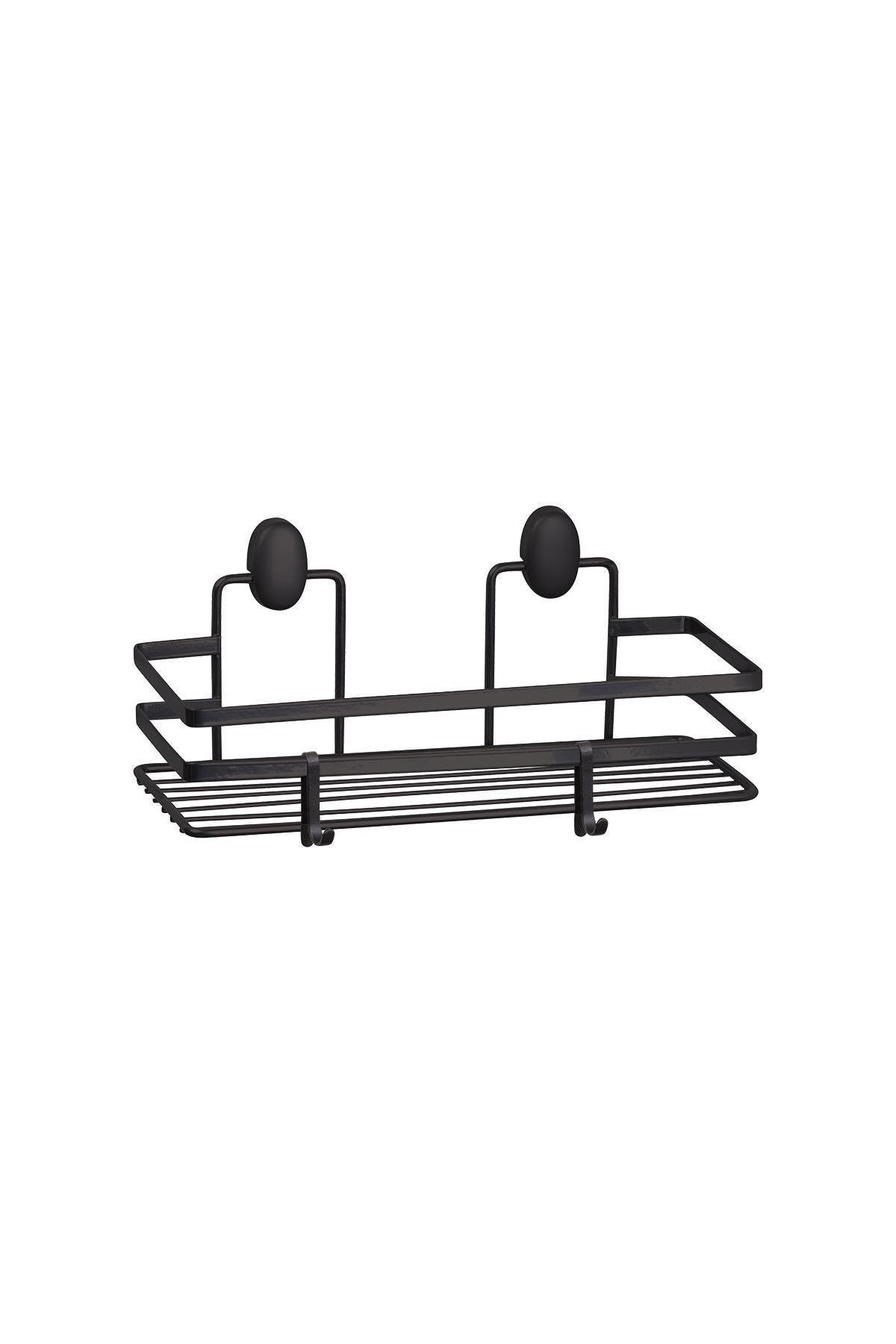 Black Laminate Rectangular Bathroom Shelf with Hooks