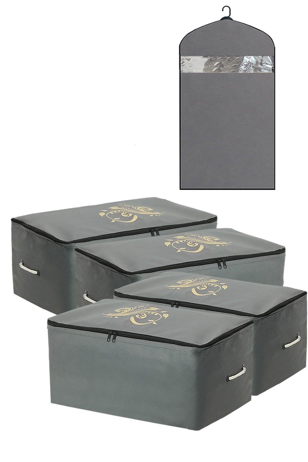 Storage Bag Organizer Storage Bag 4 Pieces 64x41x35 Cm And 1 Clothes Cover Gray Color Set of 5 - Swordslife