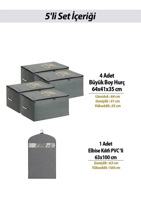 Storage Bag Organizer Storage Bag 4 Pieces 64x41x35 Cm And 1 Clothes Cover Gray Color Set of 5 - Swordslife