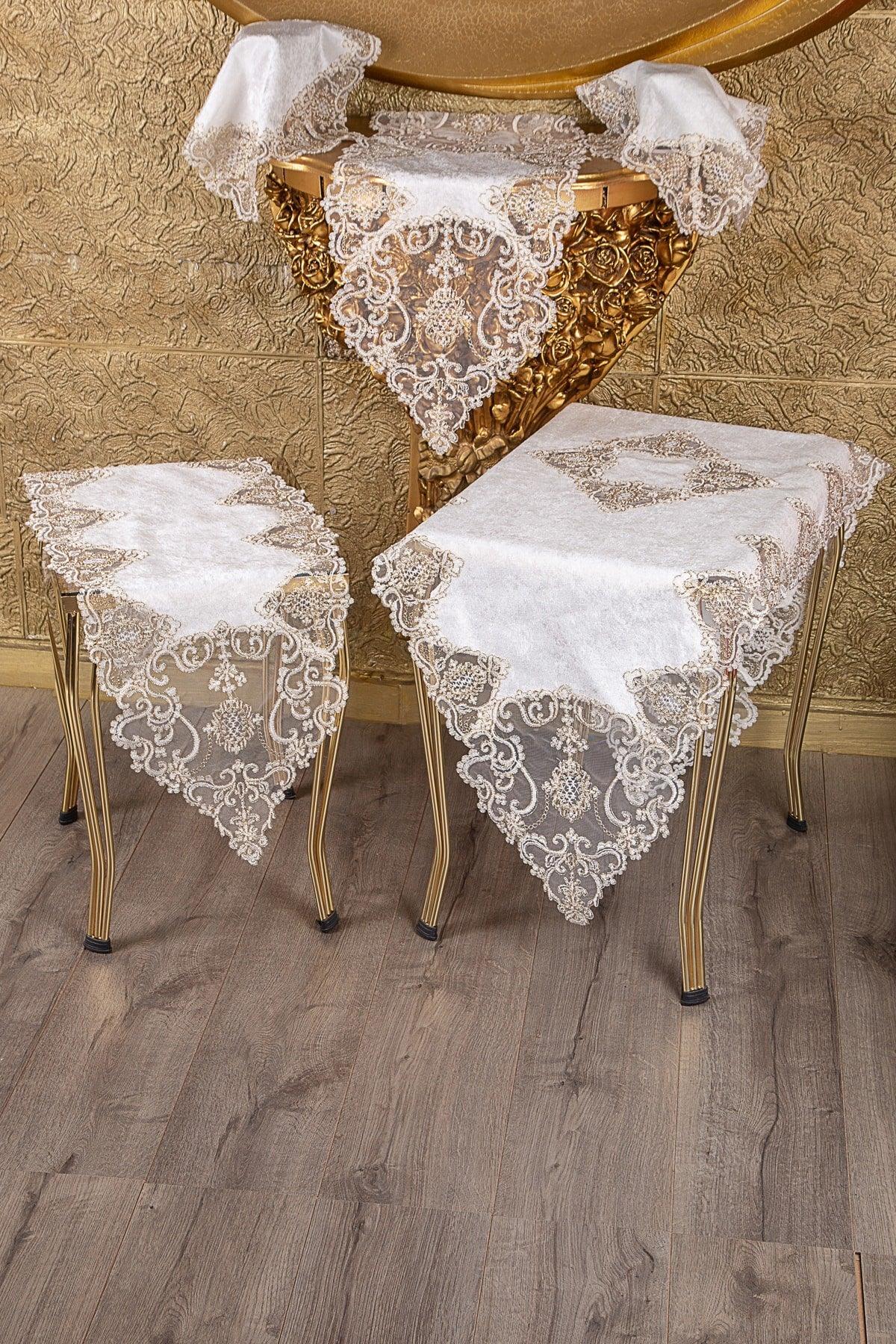 Hürrem Cream Velvet 5 Piece Living Room Set with Gold Lace Table Cloth Runner Set - Swordslife