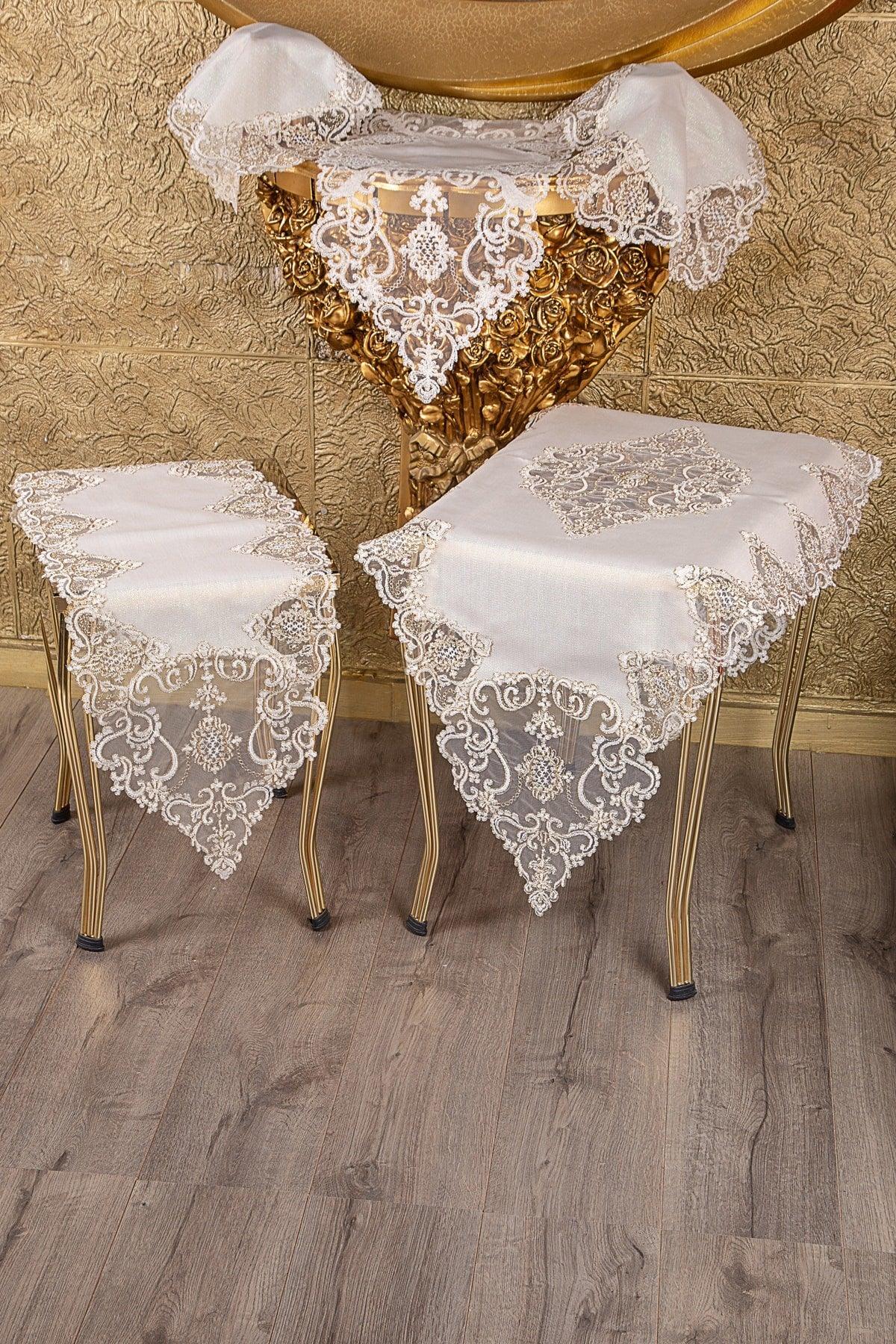 Hürrem Cream Linen on Gold Lace 5 Piece Living Room Set Table Cloth Runner Set - Swordslife