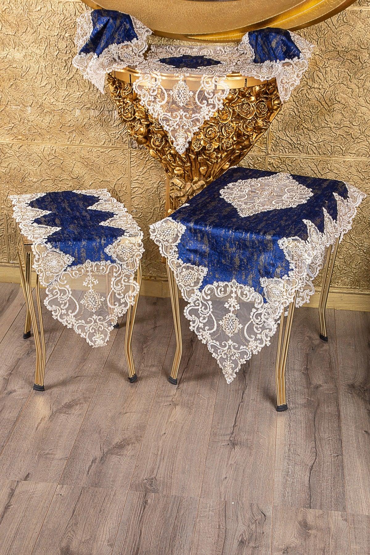 Hürrem Blue Gardenia 5 Piece Living Room Set With Gold Lace Table Cloth Runner Set - Swordslife