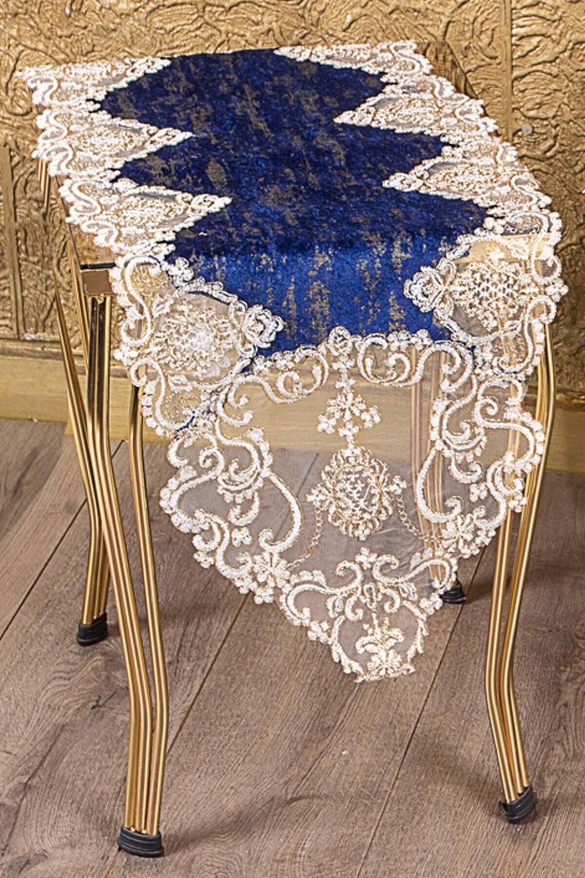 Hürrem Blue Gardenia 5 Piece Living Room Set With Gold Lace Table Cloth Runner Set - Swordslife