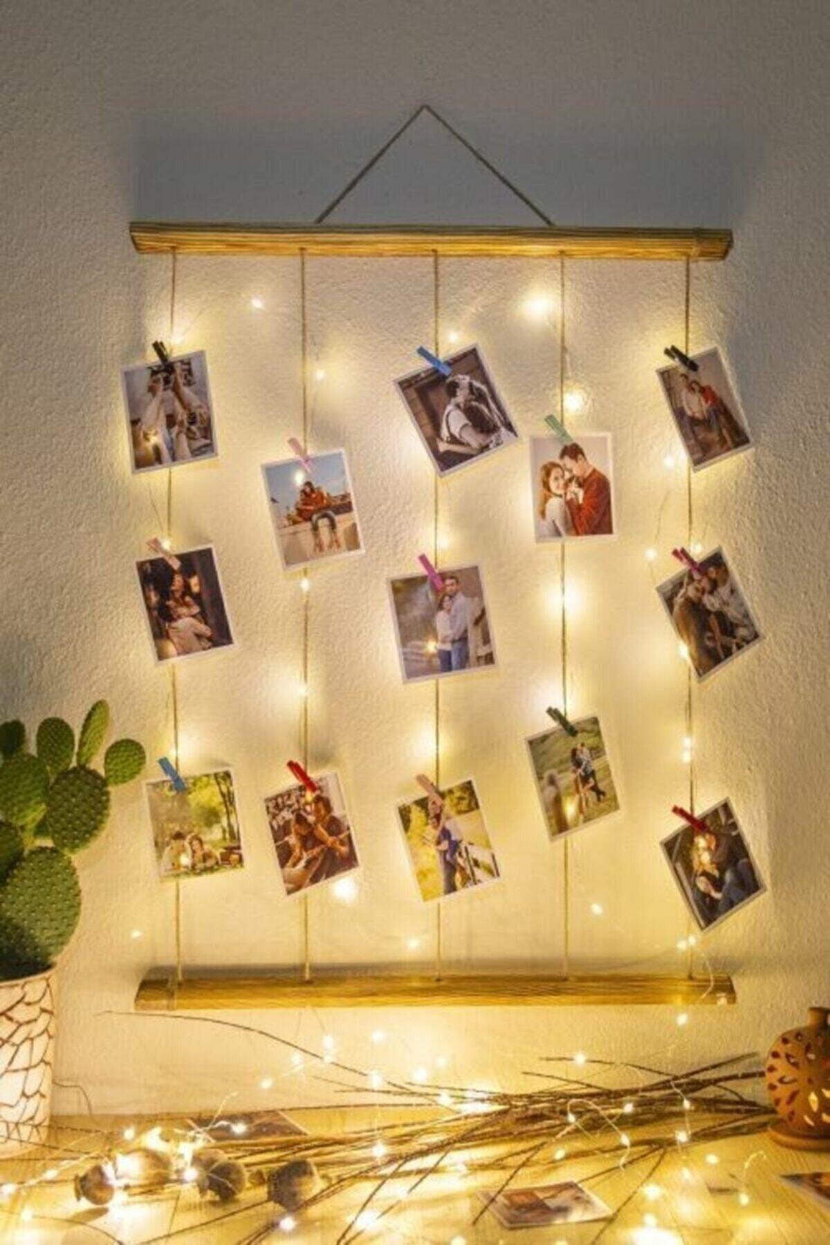 Lighted Photo Hanger with Rope Latch, Led Memorial Wall, Wooden Photo Frame 50x60 Cm - Swordslife