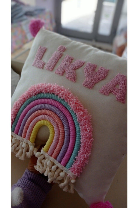 Our Name Custom Baby Pillow, Name Pillow With Punch Embroidery, Rainbow Pillow - Swordslife