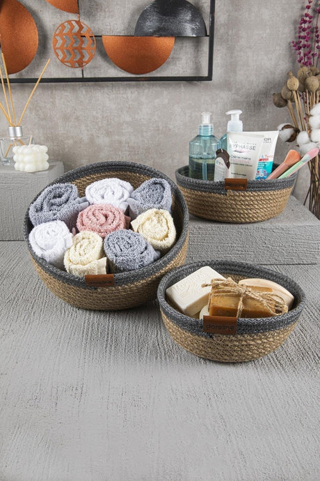 Jute Rope, Anthracite Striped Handmade 3 Pcs Basket, Luxury Organizer, Bathroom And Home Decor - Swordslife