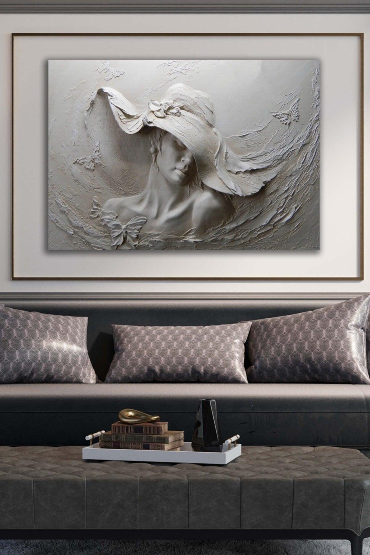 Relief Printed Canvas Wall Painting of Woman with Embossed Hat - Swordslife