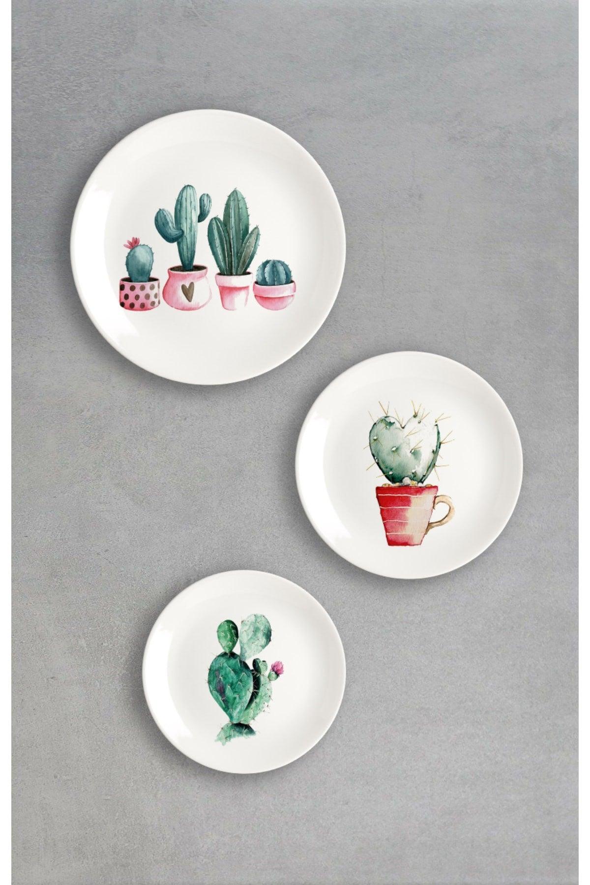 Cactus Themed Printed Porcelain 3 Wall Plate Set - Swordslife