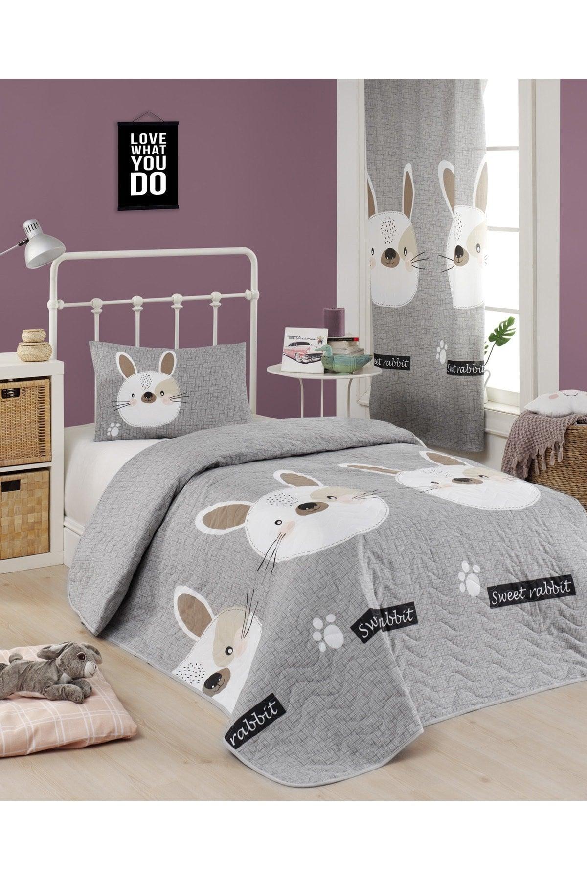 Quilted Bedspread Set Single Rabbit A.Brown-Grey-Pink - Swordslife