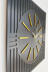 Square Line Patterned Decorative Black&Gold Wall Clock - Swordslife