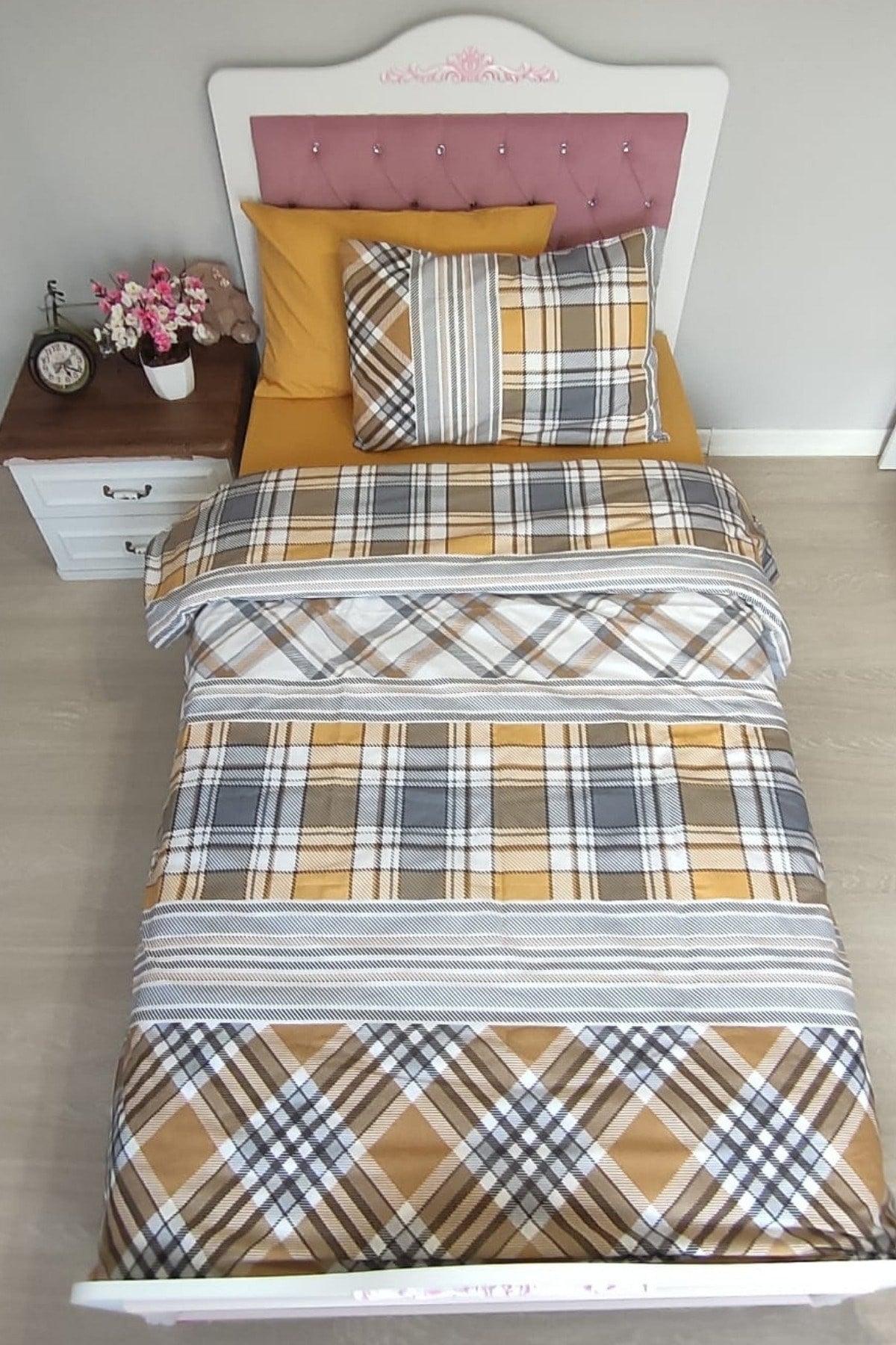 Checkered Mustard Plaid Junior Elastic Linen Single Duvet Cover Set - Swordslife