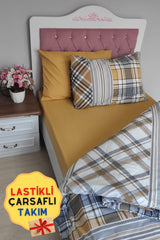 Checkered Mustard Plaid Junior Elastic Linen Single Duvet Cover Set - Swordslife