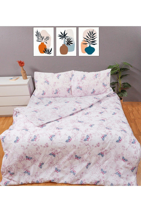 Butterfly Pattern Duvet Cover Set, Double Cotton Ranforce Fabric - Rose - Swordslife