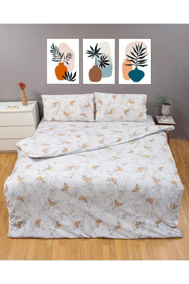 Butterfly Pattern Duvet Cover Set, Double Cotton Ranforce Fabric - Cream Rose Butterfly - Swordslife