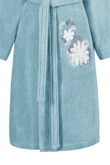 Kimono Bathrobe Velvet Aqua 100% Cotton Single Embroidery Ruched - Swordslife