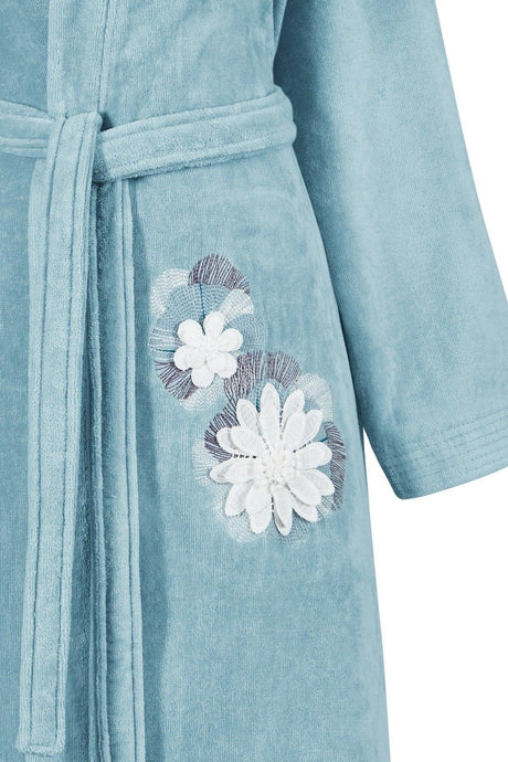 Kimono Bathrobe Velvet Aqua 100% Cotton Single Embroidery Ruched - Swordslife