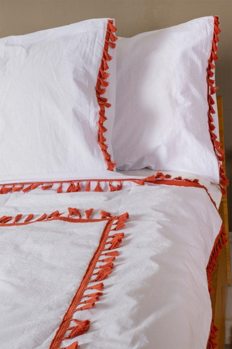 Red Pompom Full Organic White 100% Cotton Double Duvet Cover Pillow Set - Swordslife