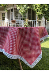 Red&white Gingham Retro White Cotton Lace 6 Person Table Cloth - Swordslife