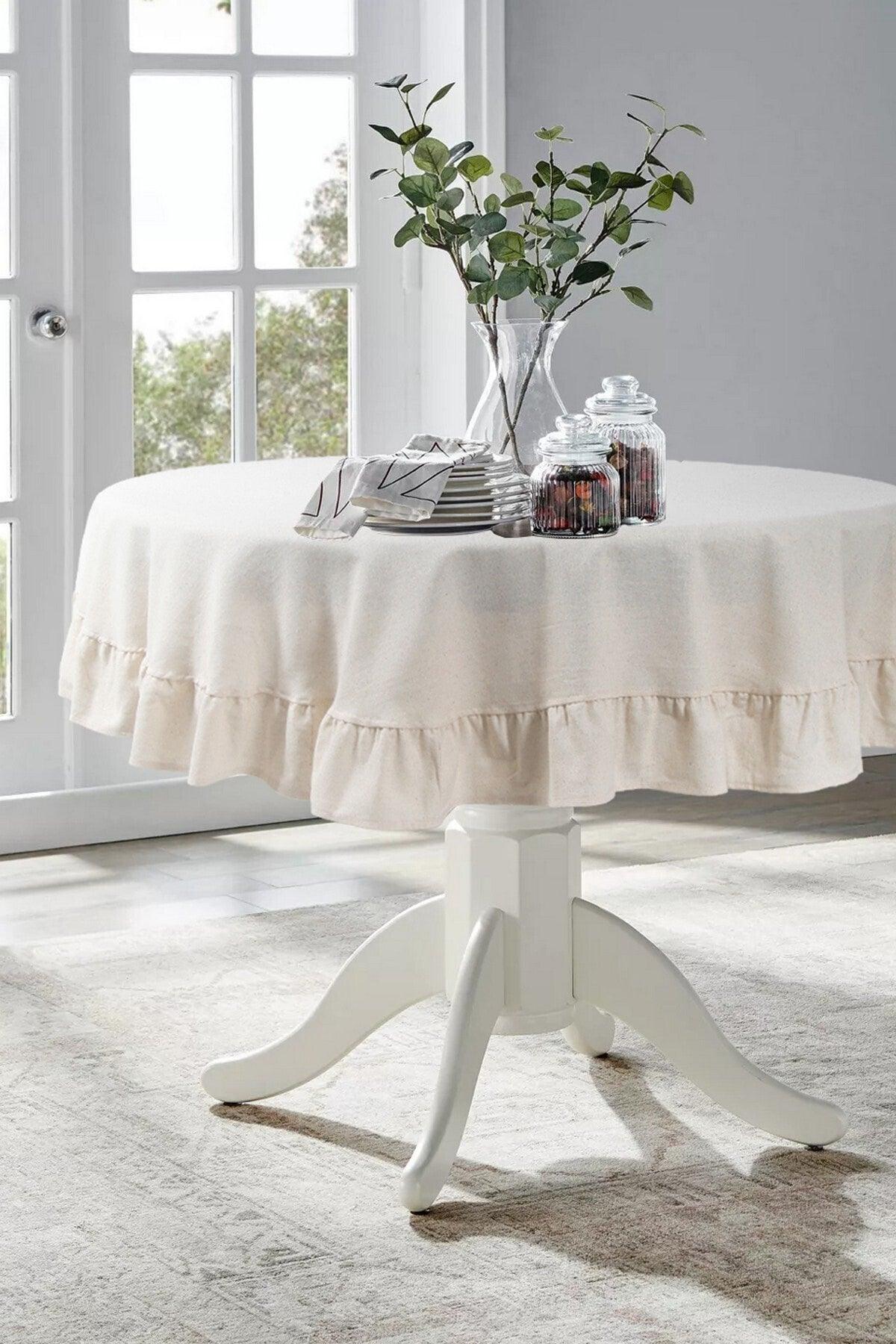 Cream Color Natural Table Linen Vintage 160 cm Round - Swordslife
