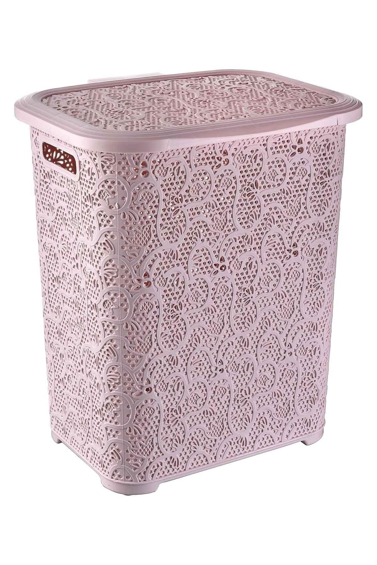 Lace Patterned Lid Dirty Laundry Basket 45 Lt.- Powder - Swordslife