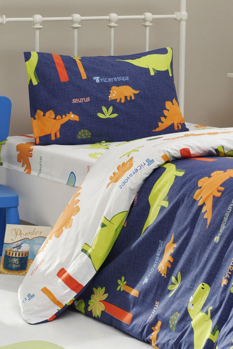 Navy Blue 100% Natural Cotton Duvet Cover Set Single Dinos - Swordslife