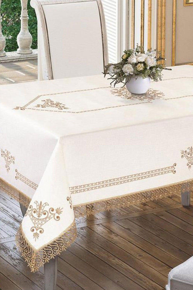 Tulip Printed and Guipureed Table Cloth - Gold - Swordslife