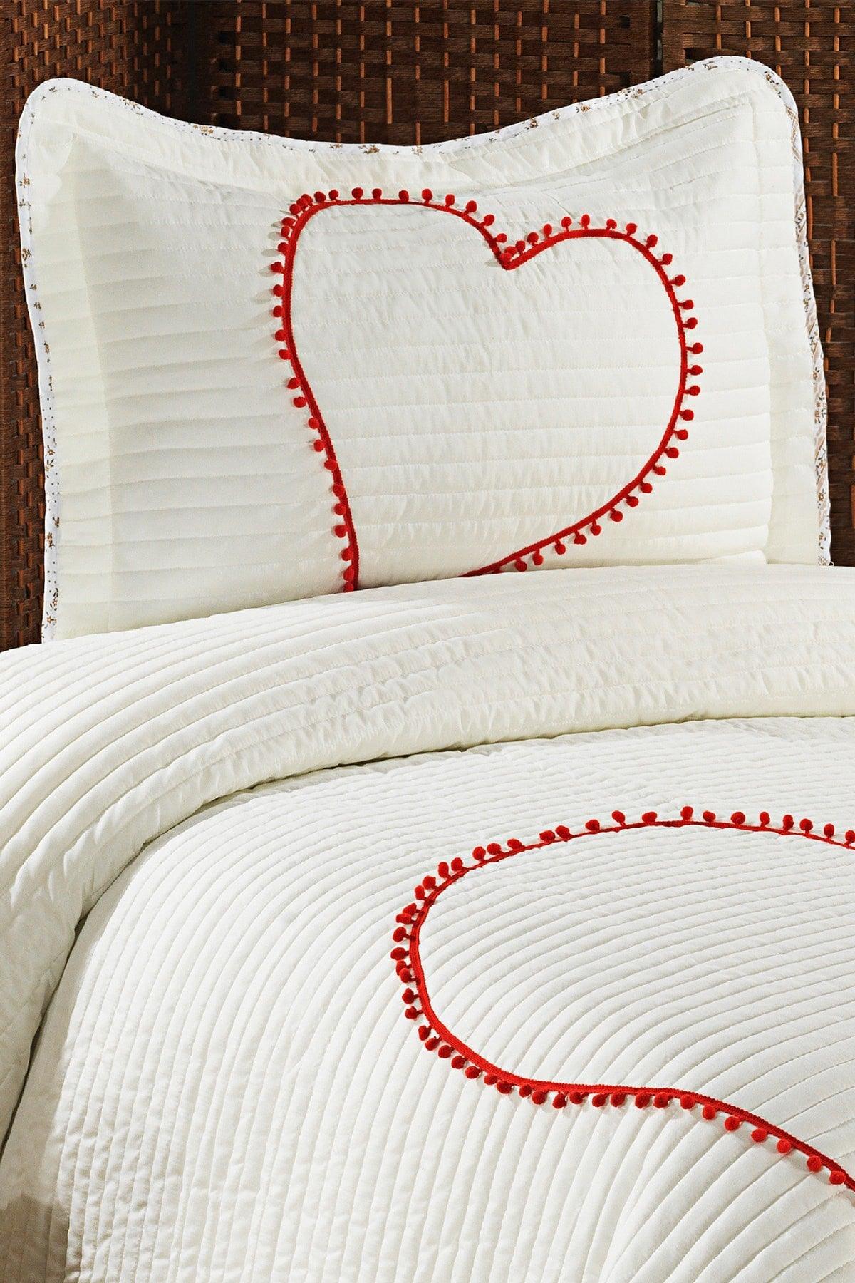 Larin Heart Pompom 100% Cotton Single Bedspread ( Pique ) Set Cream/red - Swordslife