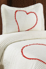 Larin Heart Pompom 100% Cotton Single Bedspread ( Pique ) Set Cream/red - Swordslife