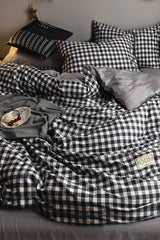 Elastic Bed Linen Duvet Cover Set Double Mini Gingham Black - Swordslife