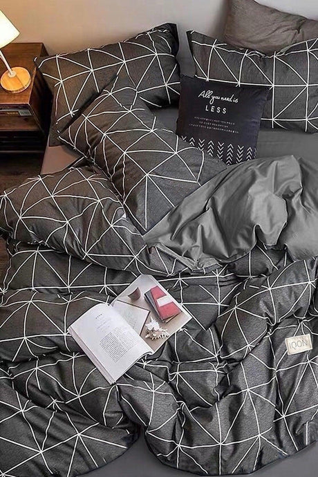 Elastic Linen Duvet Cover Set Double Pyramid Anthracite Gray - Swordslife