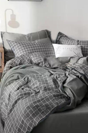 Elastic Linen Duvet Cover Set Single Square Gray Silver - Swordslife