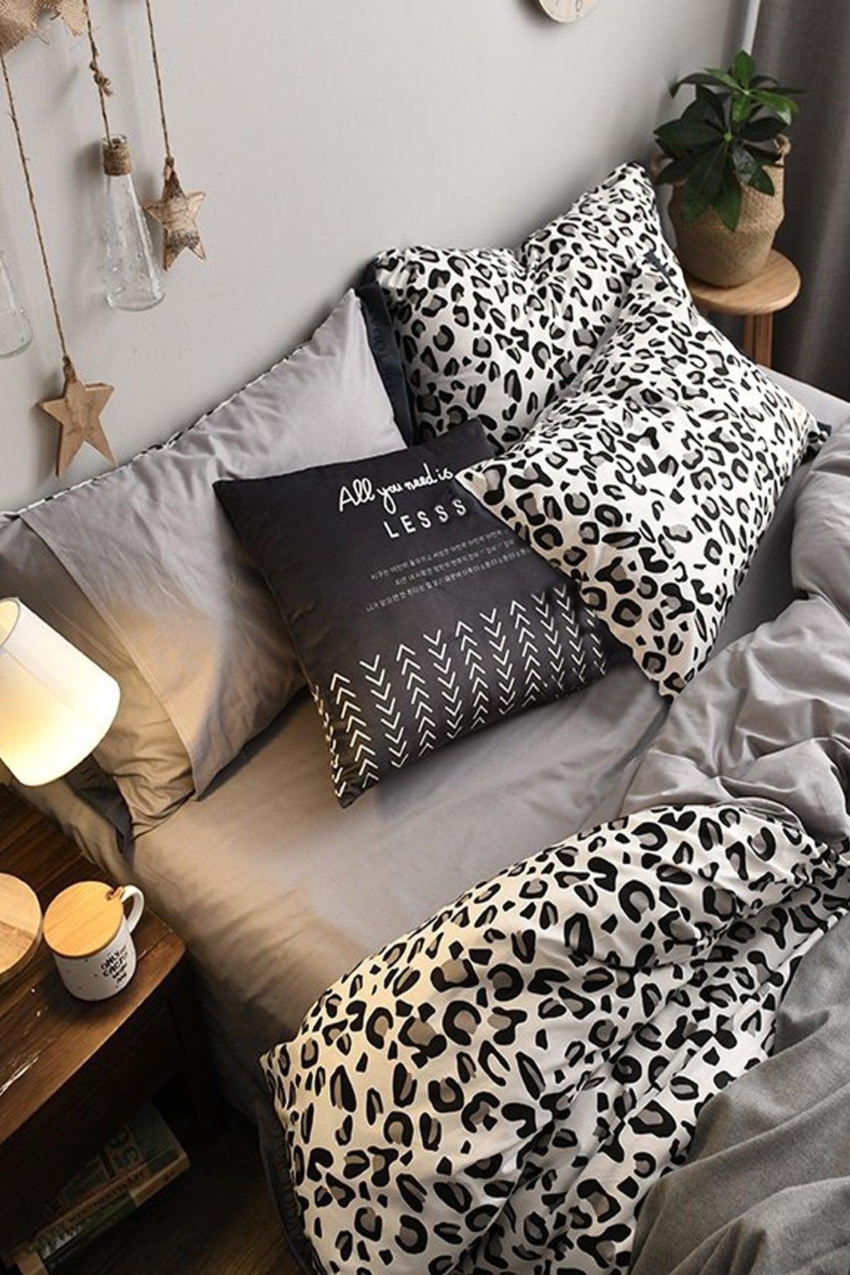 Elastic Linen Duvet Cover Set Single Leopard Pure Black and White - Swordslife