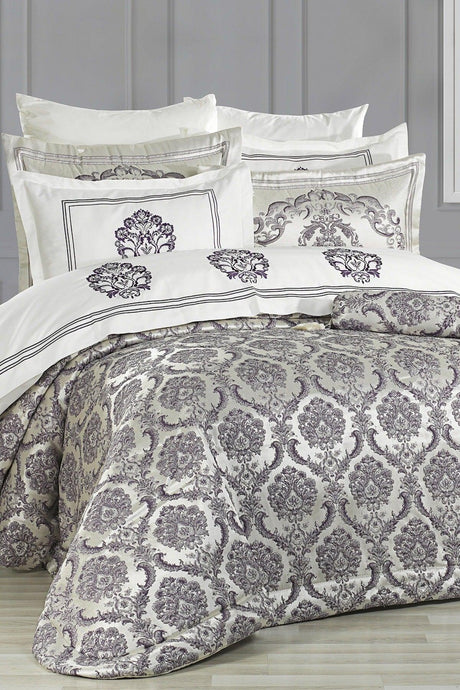 Lauren Dowry Set 10 Pieces Duvet Cover Double Bedspread Lilac/silver - Swordslife