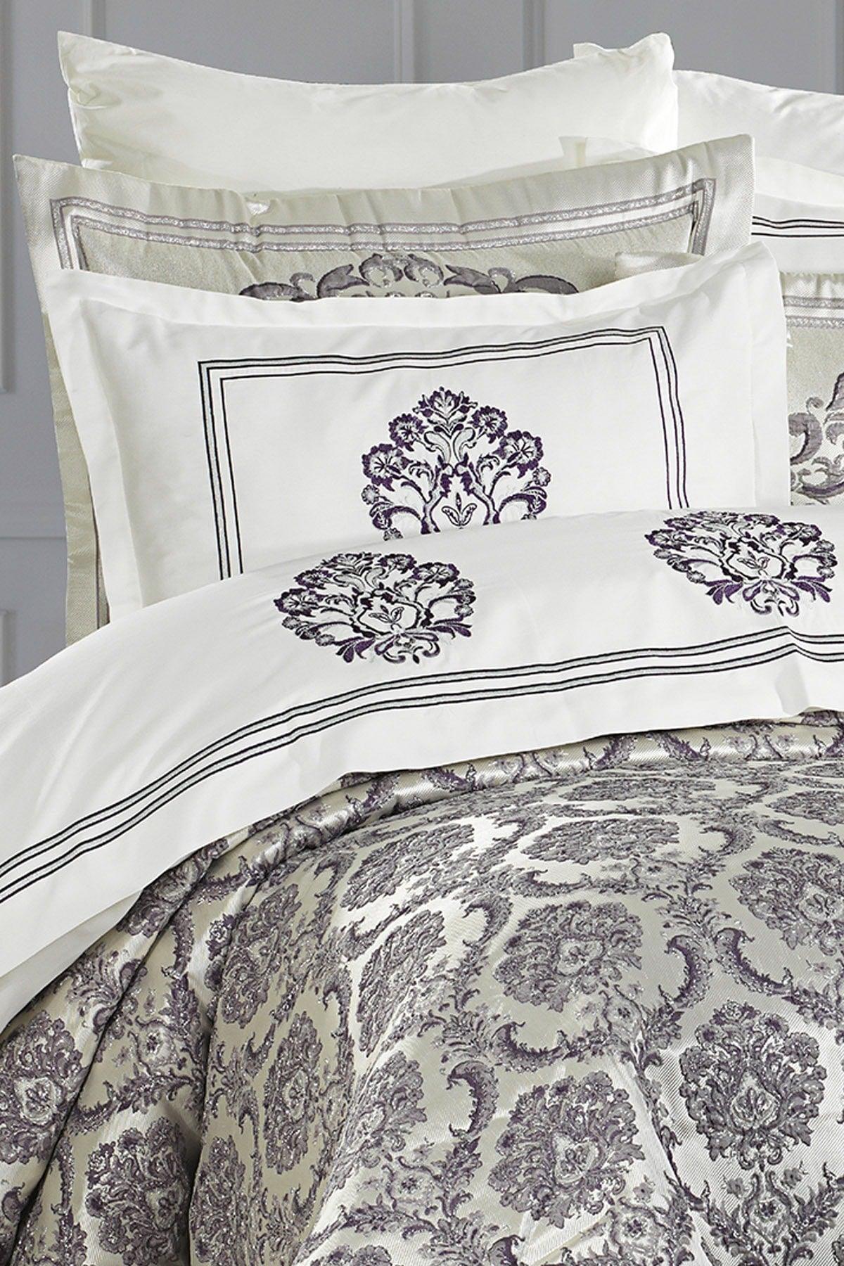 Lauren Dowry Set 10 Pieces Duvet Cover Double Bedspread Lilac/silver - Swordslife