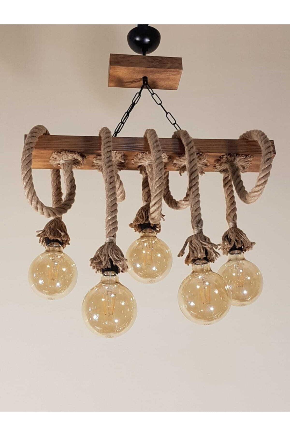 Lena 954- 5 Li Row Wooden Chandelier with Rope Handmade Special Design - Swordslife