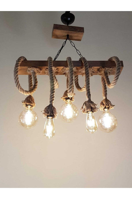 Lena 954- 5 Li Row Wooden Chandelier with Rope Handmade Special Design - Swordslife