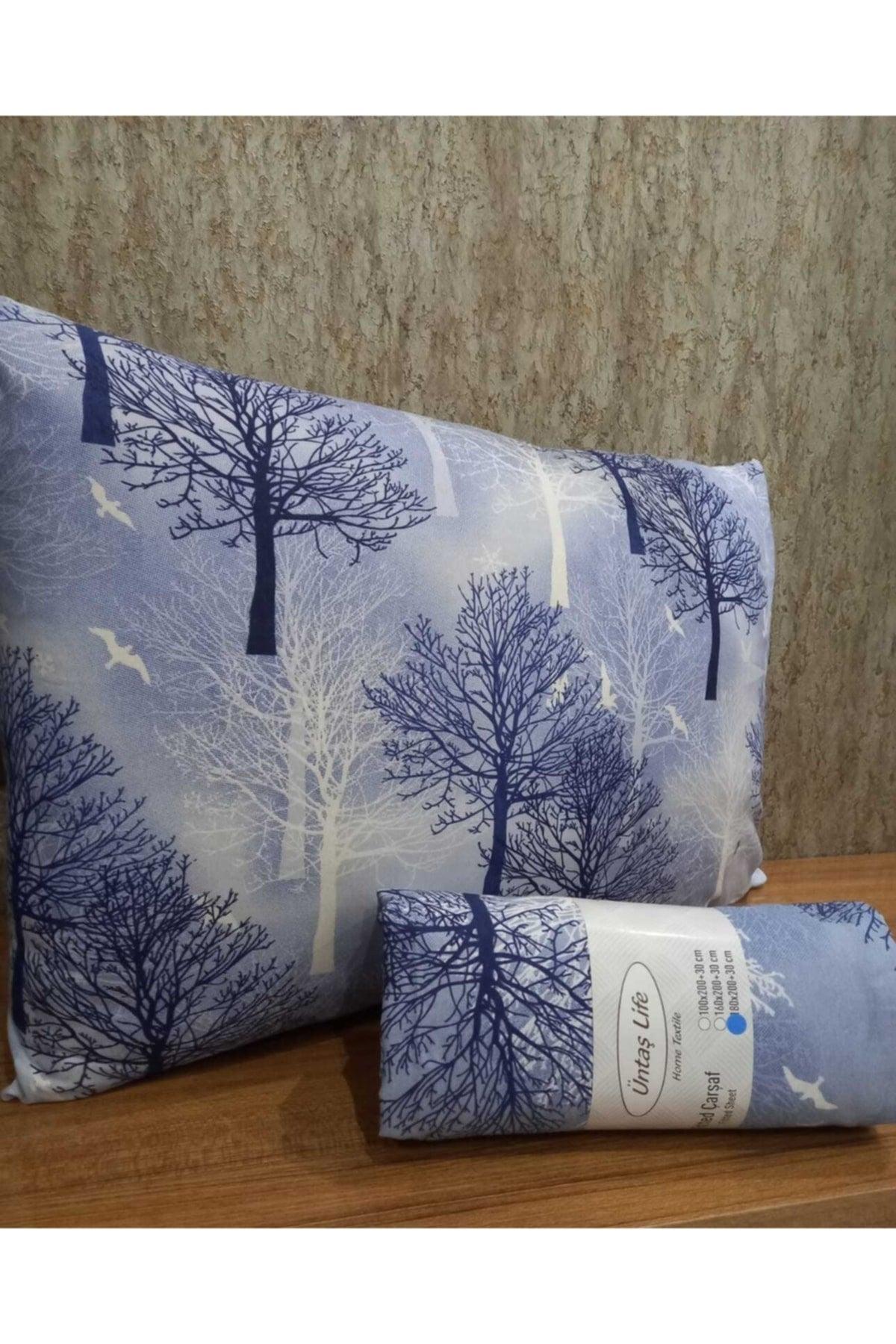 Life 160x200 Double Elastic Bed Sheet + 2 Pillow Cases Blue Tree - Swordslife