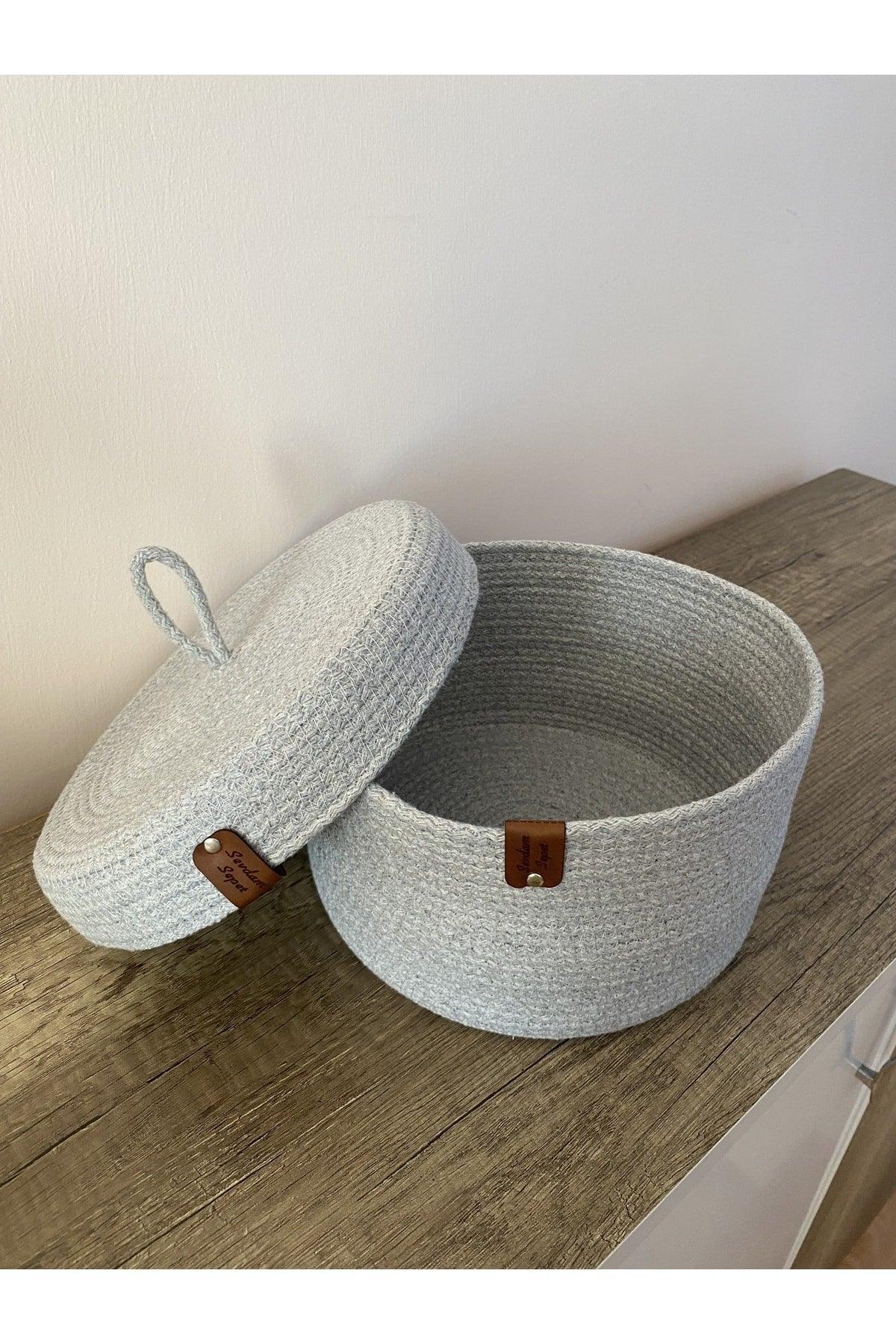 Light Gray Medium Size Multi-Purpose Basket with Lid, Decorative Basket, Cord Rope, Straw Rope - Swordslife