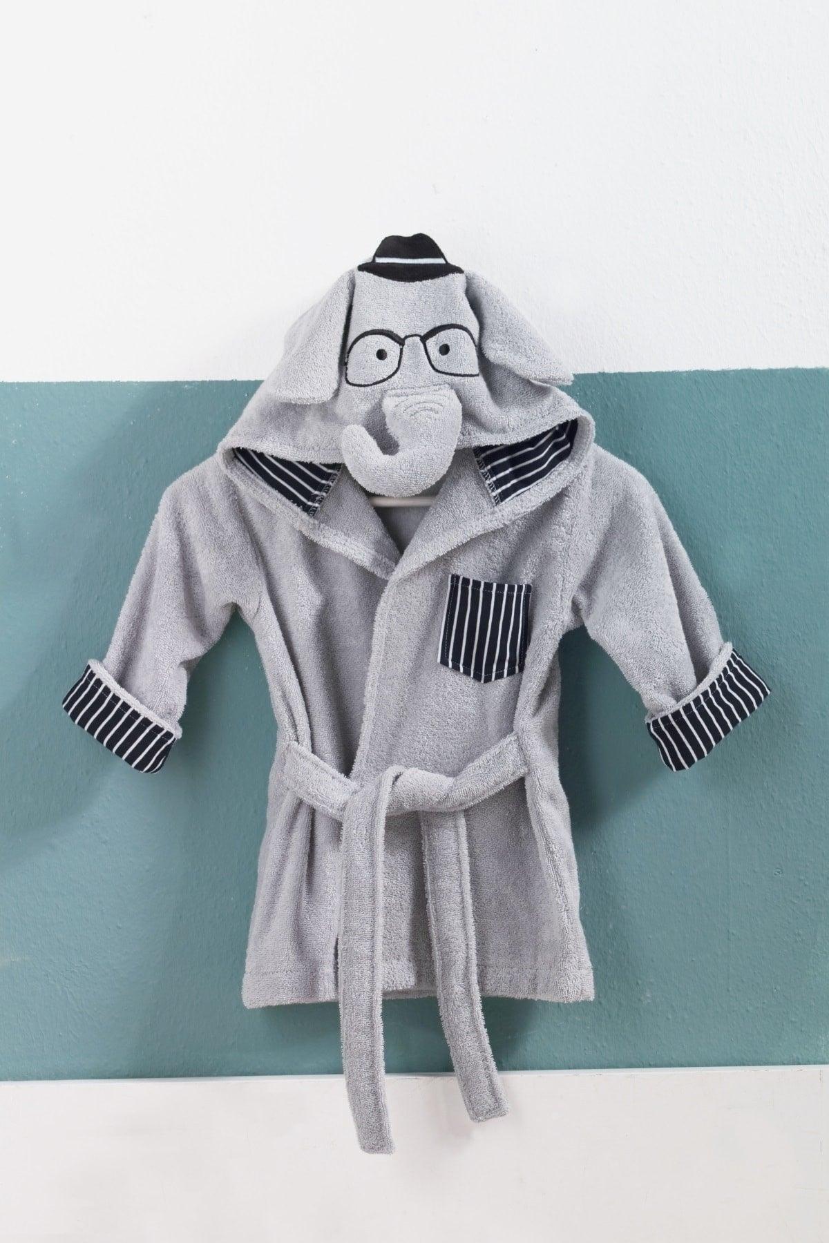 Light Gray Boy Elephant Child Bathrobe 100% Cotton Embroidered 2/4 Years Old - Swordslife