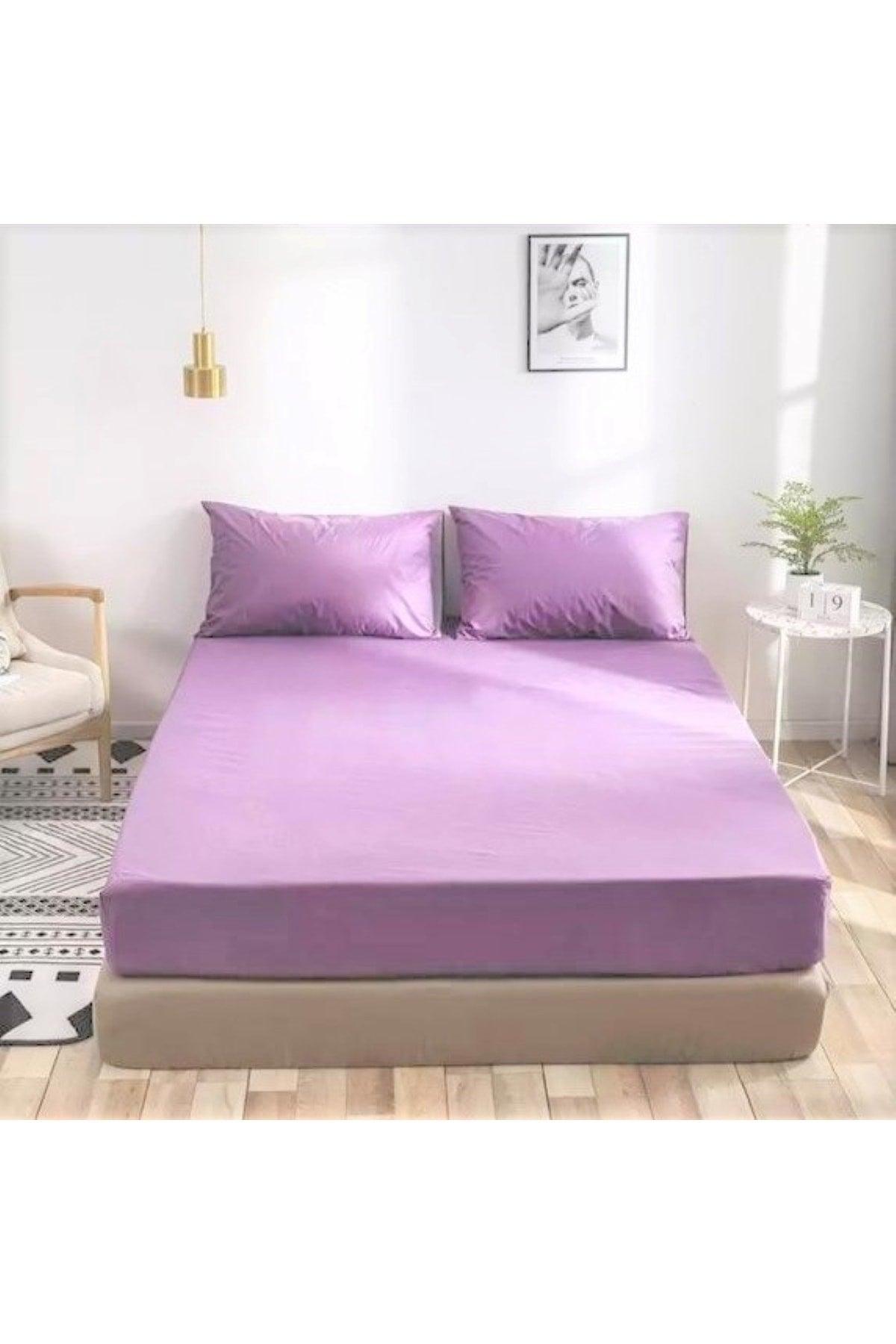 Lilac Colored Elastic Bed Sheet Set (Cotton Duvet Cover, Pillowcase) 7 Different Sizes - Swordslife