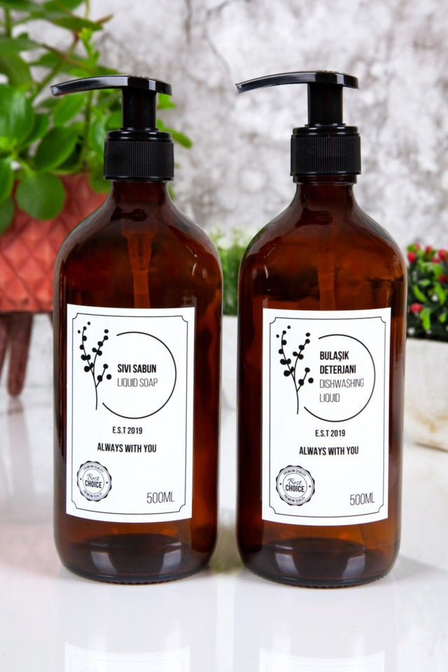 Liquid Soap And Dishwashing Liquid Amber Glass Bottle With Label 500 Ml Set Of 2 - Swordslife