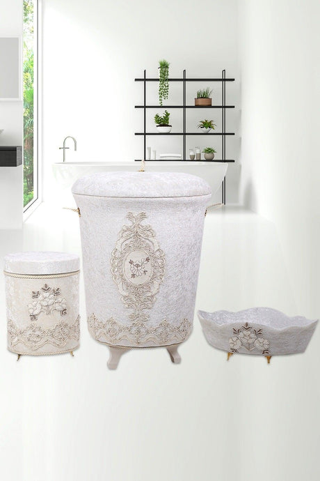 Lisa Cream 3 Piece Velvet Bathroom Dirty Laundry Basket Set - Swordslife