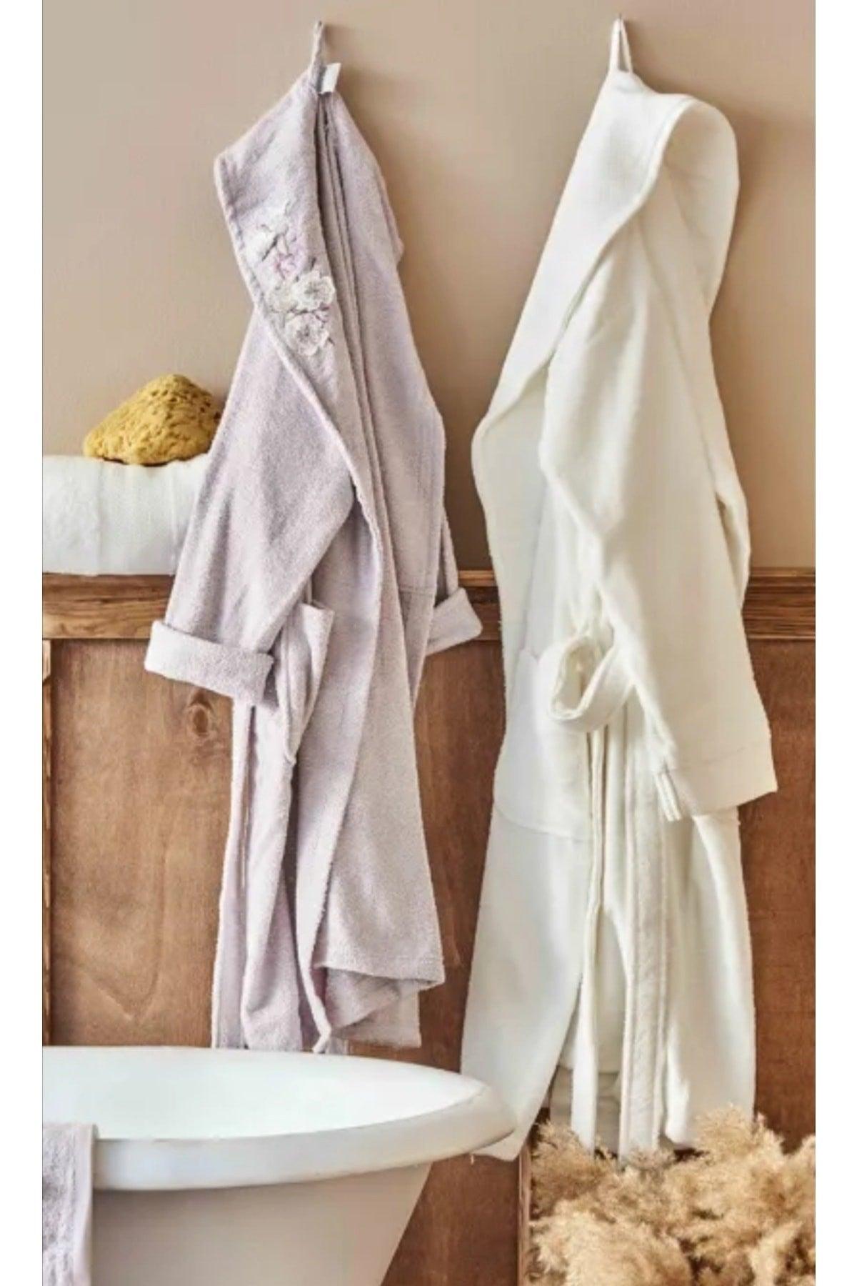 Lucy 3d Embroidered Off White-lilac Bamboo Bathrobe Set - Swordslife