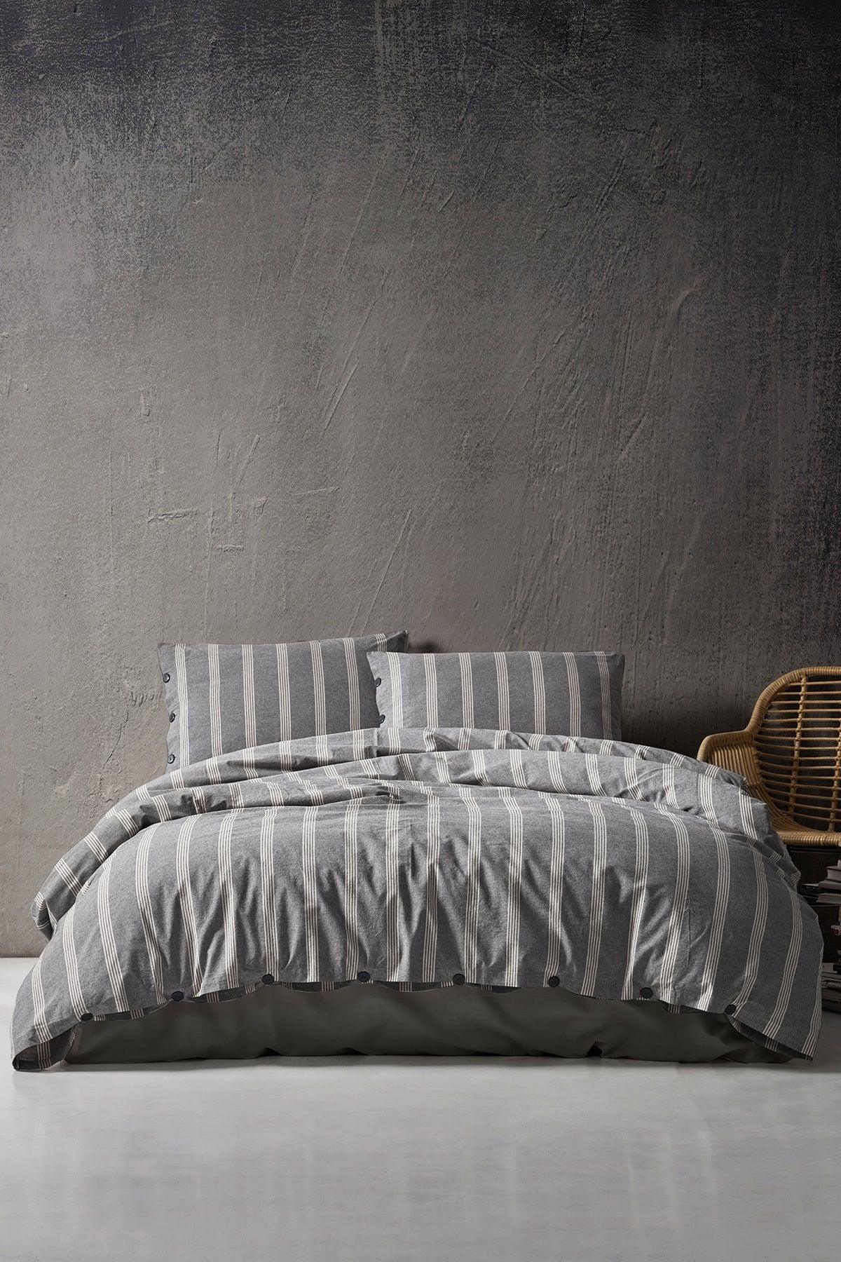 Luke Bold 100% Cotton Double Washed Yarn Dyed Striped Duvet Cover Set Anthracite - Swordslife